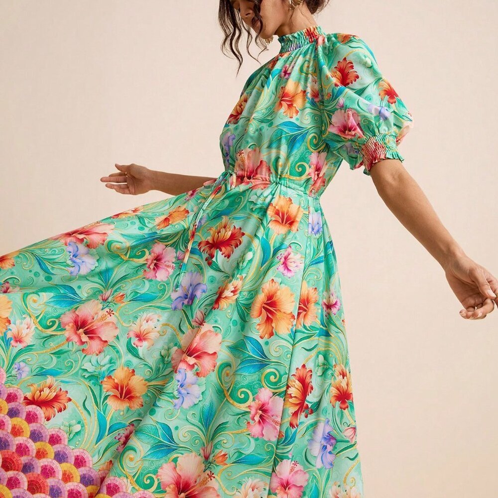 Green & Fuchsia Boho Women's Floral Print Collar Puff Sleeve A-Line Dress - Picture 4 of 7
